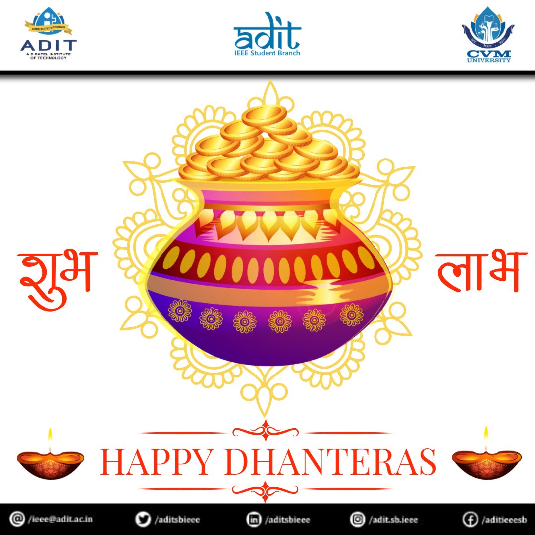 aditsbieee's tweet photo. Dhanteras marks the beginning of the five-day festivities of Diwali or Deepavali. 
It is celebrated two days prior to Diwali and falls annually in the Hindu calendar month of Kartik.
 
IEEE ADIT SB wishes for everyone's health and happiness on this auspicious day of Dhanteras. https://t.co/VF28SJn6n4