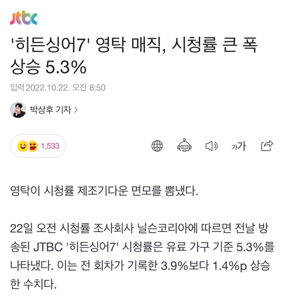 ZerotakMandarin's tweet photo. 《隱藏的歌手7》永卓Magic,收視率大幅上升➡️5.3%💙
這比上一集記錄的3.9%上升了1.4個百分點。
永卓和模仿者以<찐이야>展開第4輪最終對決的場面每分鐘最高達到了7.1%。
https://t.co/Rb8OYvbcCP
https://t.co/tbMfiMYsQm
#영탁 #YOUNGTAK #永卓
#ZerotakMandarin
#히든싱어7 #HiddenSinger7 https://t.co/eMu31apflu