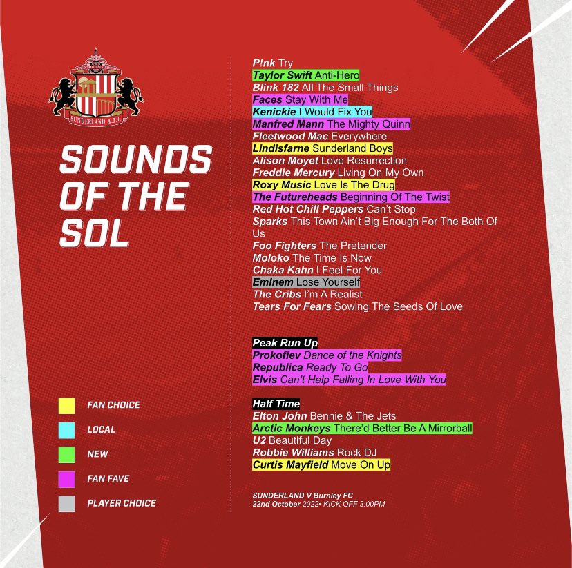 #soundsofthesol for the visit of @BurnleyOfficial  @StadiumOfLight @SunderlandAFC feat @taylorswift13 @ArcticMonkeys @blink182 and Sunderland band Kenickie