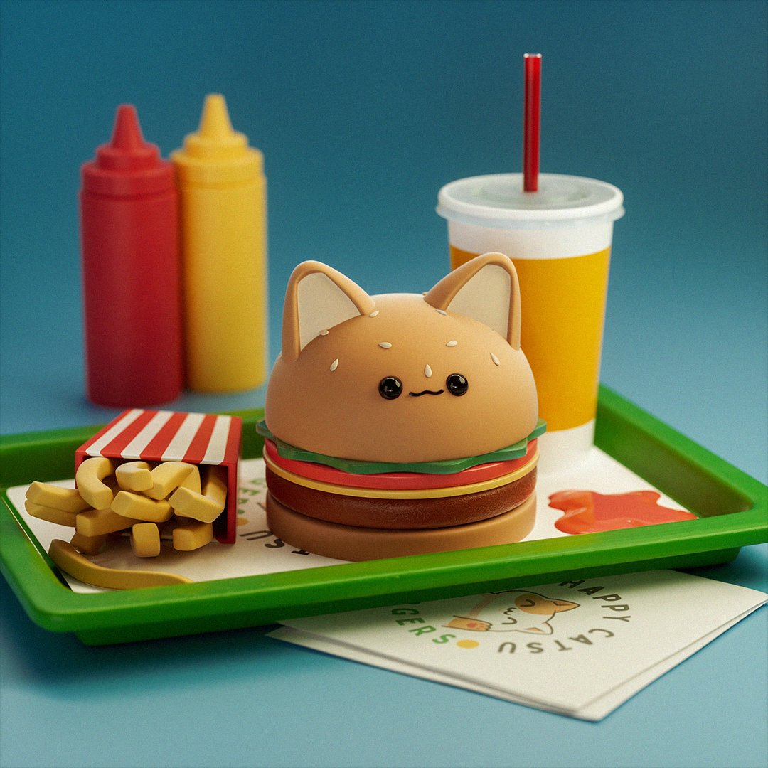 DAY 21 - Bun🍔Happy Catsu Burger, home of the purrfect burger buns. Almost too cute to eat. Almost😏

#peachtober22 #3dart