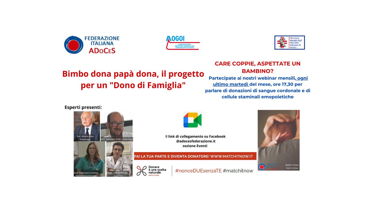 ADoCeS_Fed's tweet photo. Care coppie che aspettate un bambino partecipate al webinar di martedi 25 ottobre ore 17,30
dove gli Esperti presenti parleranno di donazioni di Cellule staminali emopoietiche.  https://t.co/N1PoBnLeYg
#BIMBODONAPAPADONA @centronazionalesangue @centronazionaletrapianti https://t.co/LaOjwjbVpM
