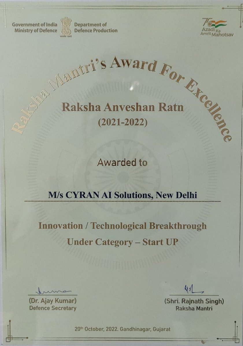 FITT-IIT Delhi, incubated startup <a href="/cyran_tech/">CYRAN AI Solutions</a> founded by Prof <a href="/manansuri2002/">Dr. Manan Suri</a>  Suri received The "Raksha Mantri's Award for Excellence in Defence &amp; Aerospace Sectors" @defeexpo2022 for their innovation in the Startup Category. #Defeexpo2022
<a href="/PMOIndia/">PMO India</a> 
<a href="/rajnathsingh/">Rajnath Singh</a> 
<a href="/India_iDEX/">iDEX DIO</a>