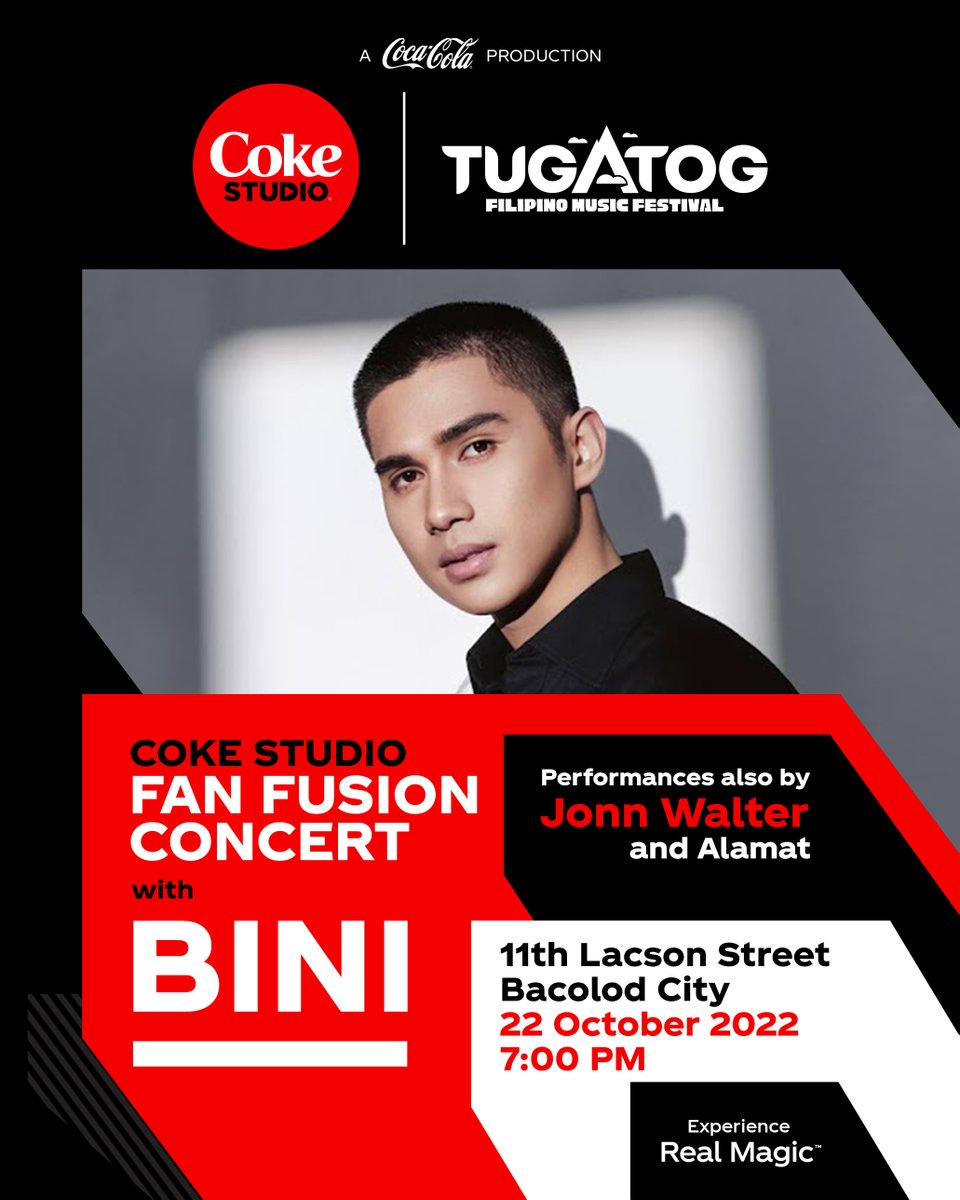 tugatogph's tweet photo. MAMAYA NA! Experience the real magic of Pinoy music beginning at 7:00 PM with BINI, Alamat, and Jonn Walter sa 11th Lacson Street, Bacolod City. 

Huwag kalimutan ang malamig na Coke at ang breakada!

#CokeStudio #TugatogPH #OPMRise #PPOPRise #MasskaraFestival2022 https://t.co/SMJjN5O2Ye