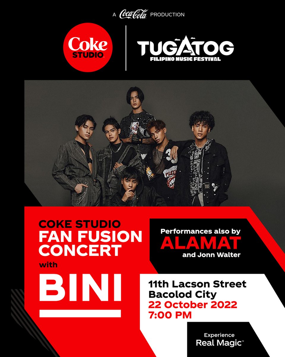 tugatogph's tweet photo. MAMAYA NA! Experience the real magic of Pinoy music beginning at 7:00 PM with BINI, Alamat, and Jonn Walter sa 11th Lacson Street, Bacolod City. 

Huwag kalimutan ang malamig na Coke at ang breakada!

#CokeStudio #TugatogPH #OPMRise #PPOPRise #MasskaraFestival2022 https://t.co/SMJjN5O2Ye