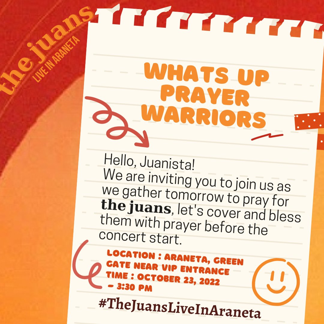 http_verns's tweet photo. 📢 ATTENTION❗JUANISTAS❗ 

WHAT'S UP PRAYER WARRIORS?

If you are willing to join us rt this tweet and reply, TARA G! 

Let's pray together, See you tomorrow! 😇🙌🏻

@TheJuans_BAND
#TheJuansLiveInAraneta https://t.co/wfj3m62TkM
