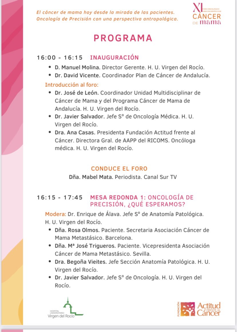 Próximo martes 25 de octubre XI Foro Pacientes con Cáncer de mama. Lugar de encuentro entre pacientes y profesionales para hablar sobre Oncología de Precisión y Humanizacion/Personalizacion de la Atención. 
Inscripciones, también en remoto por Zoom 
info@actitudfrentealcancer.org