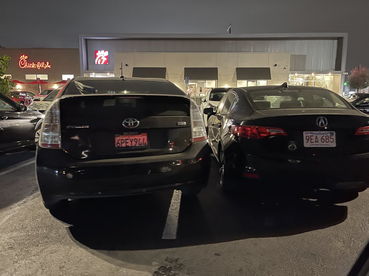 Just saw this at a Chick-fil-A in Los Angeles. I swear, I literally F’n can’t with these Prius drivers. If they aren’t being passive pu$$ies policing the left lane on the highway, or entitled pr!cks cutting you off and brake-stabbing you… They’re parking like this oaf.