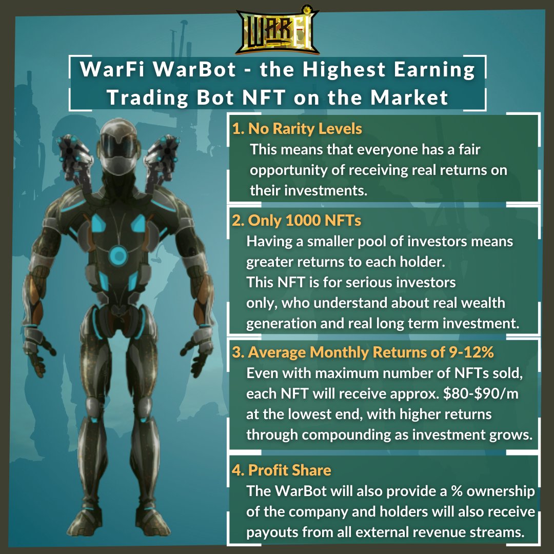🚨WarBots have launched for our Whitelisters for 48hrs!🚨 First 100 released and 29 of them gone already! 🤯 Still time to get your WL spot to get your hands on the highest earning trading bot NFT on the market 🔥 Details: discord.gg/ejdtDWDETc #BSC #P2E #PassiveIncome