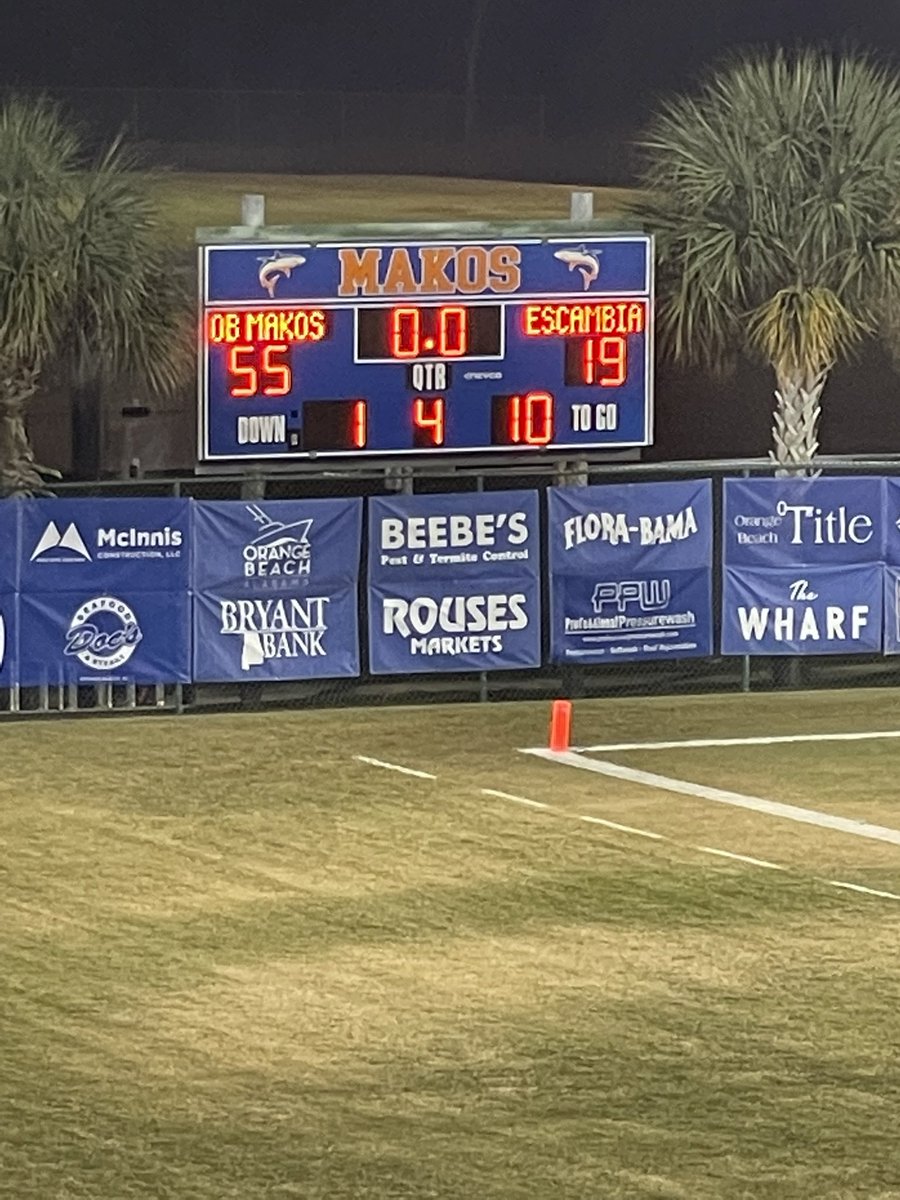 OrangeBeachFB's tweet photo. Final Score: Makos 55. Escambia 19. See you next week for Senior Night! #MakoNation @MakoAthletics @cityorangebeach https://t.co/OAltZ4CrfR