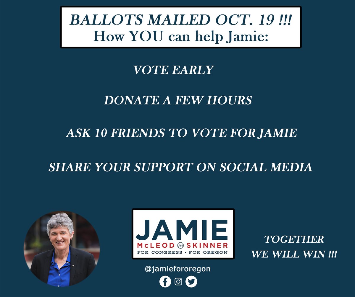JamieforOregon's tweet image. Ballots are in the mail and arriving in mailboxes. Vote *early* so we can focus our resources on turnout. This race will be close. Your personal recommendation is powerful, so please ask your network of friends, family, co-workers and neighbors to vote for me.
#orpol #CD5 #OR05