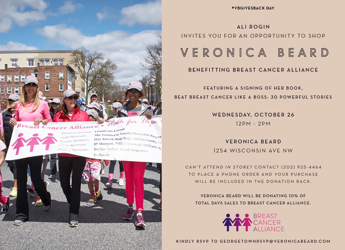 SPECIAL EVENT: Stop by the <a href="/veronicabeard/">veronicabeard</a> shop in Georgetown this Wednesday from 12-2pm… I’ll be signing copies of “Beat Breast Cancer Like A Boss” and 10% of all clothing sales will go to <a href="/BCAllianceCT/">Breast Cancer Alliance</a>, funding innovative breast cancer research!! #vbgivesback
