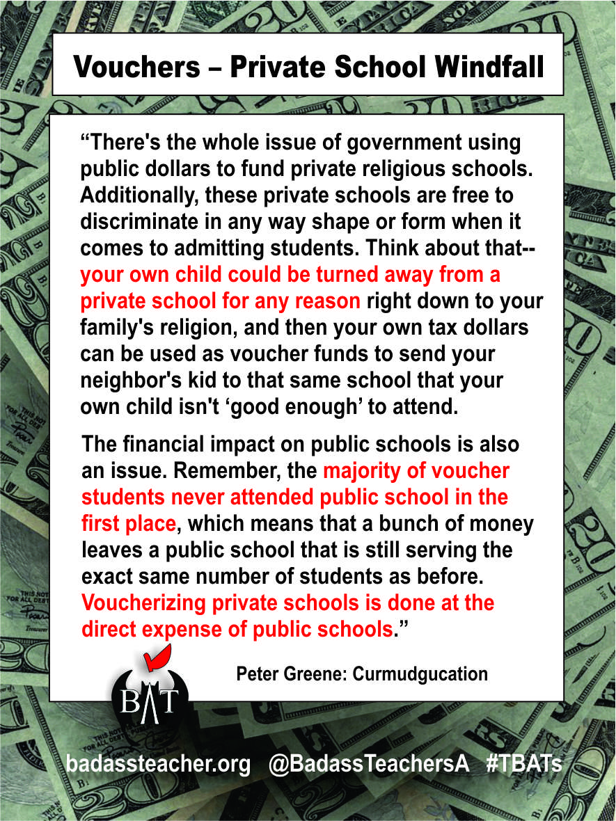 Vouchers hurt public schools. It's just one more way extremists try to undermine, underfund, and overtake public schools. #TBATs #SupportPublicSchools .<a href="/FLBATsA/">@FLBATs</a> .<a href="/GeorgiaBATs2/">@GeorgiaBATs</a> .<a href="/AlabamaBATs/">AlabamaBATs</a> .<a href="/KentuckyBATs/">Kentucky BATs</a> .<a href="/MemphisbatBa/">TennesseeBATs</a> .<a href="/SoCarolinaBATs/">South Carolina BATs</a> .<a href="/NoCarolinaBATs/">NoCarolinaBATs</a>