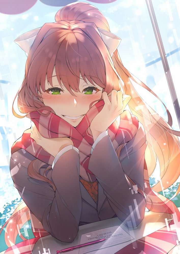 モニカ(DDLC) 「皆さんおはようございます。今日からシフト二連勤。まずは早出運送便管理担務。予想は」|まるすのイラスト