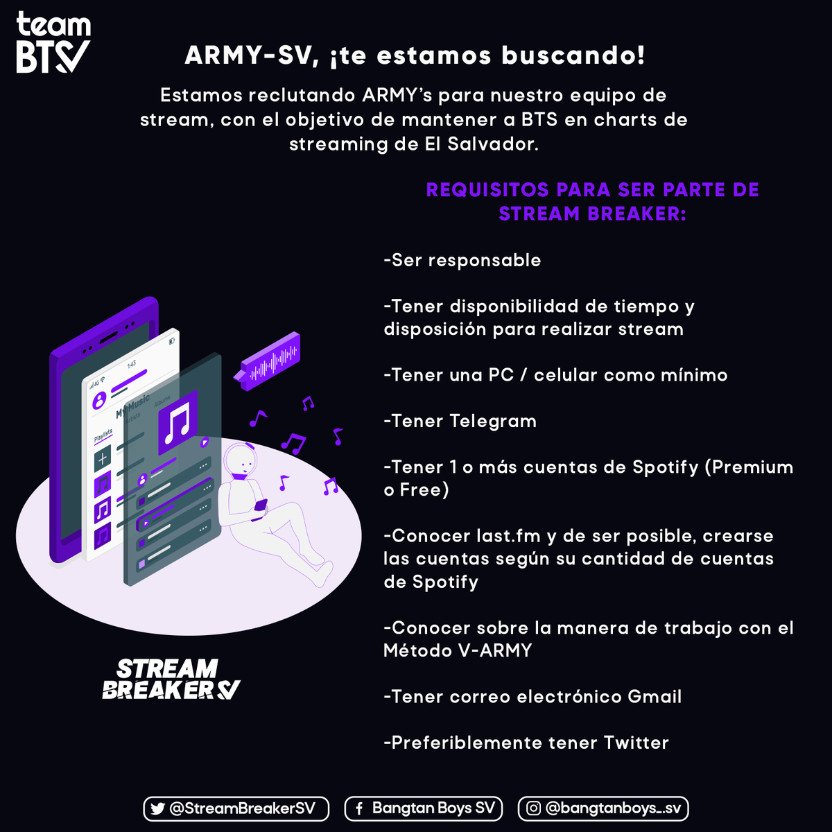 StreamBreakerSV's tweet photo. [RECLUTAMIENTO 🇸🇻]

SV-ARMY, ¡estamos buscándote para ser parte de nuestro Team de Stream y apoyar a BTS en Spotify! ❤️‍🔥

Leé la imagen para saber más.
Si estás interesad@, llená este formulario:
💭https://t.co/VIaeaPaNsD

#BTS #BTSARMY #ARMYSV #방탄소년단 @BTS_twt https://t.co/ixNIwpcLPG