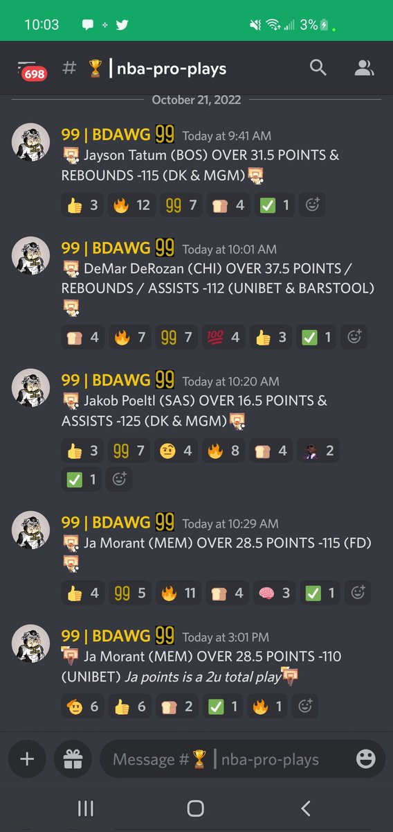 SWEEEEPPPP CITYY 🧹🧹🧹

JA O 28.5 2U ✅️
JA 35+ +240 ✅️
JA 40+ +700 ✅️
JA 45+ +1400 ✅️
Tatum O 31.5 PR ✅️
DeRozan O 37.5 PRA ✅️
Poeltl O 16.5 PA ✅️
$500 Risk Free Parlay +379 ✅️

+ ALL THE UNITSSSS🚨💰

🚨 RT FOR A FREE LINK TO OUR DISCORD🚨

#GamblingTwitter