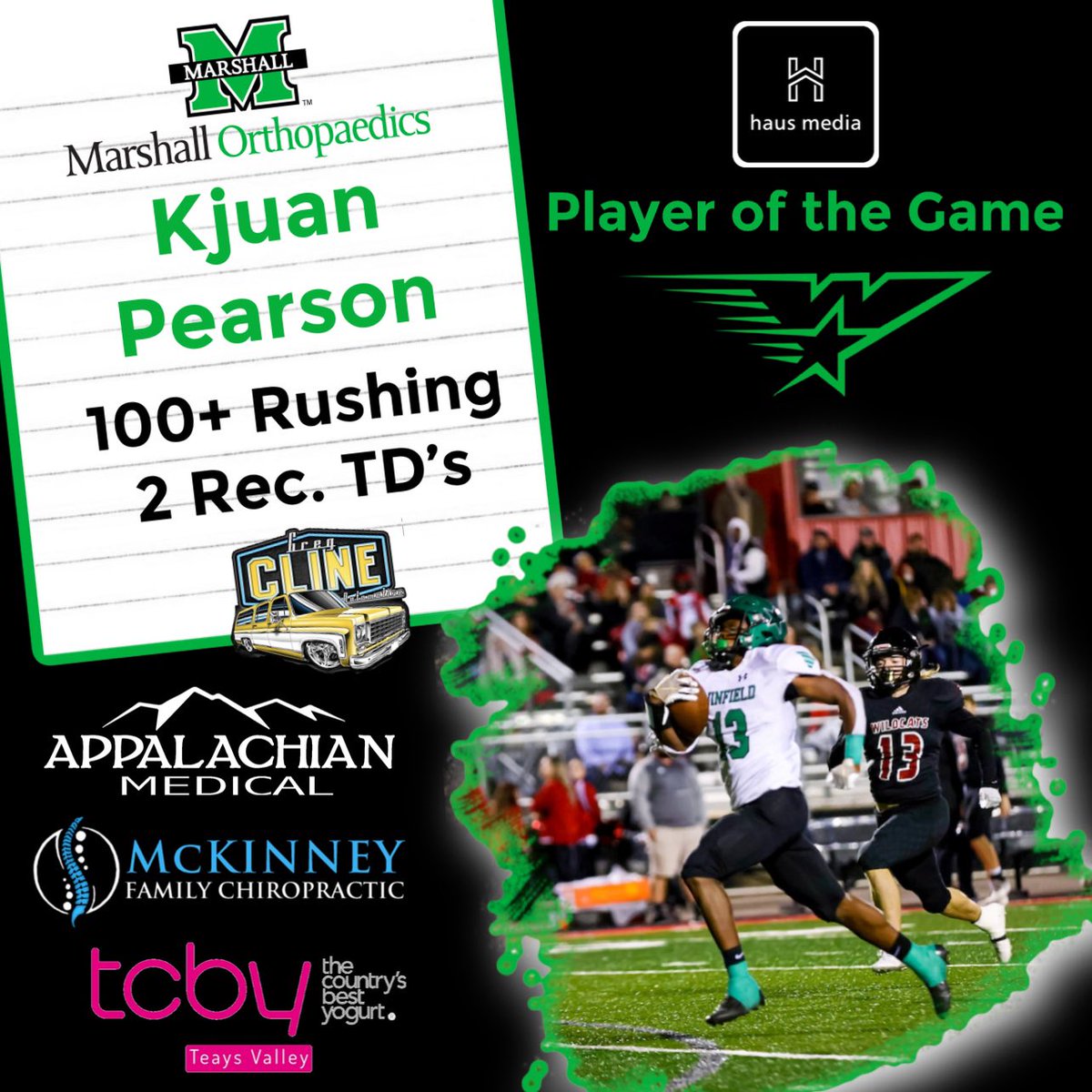 haus media (@haus_media) on Twitter photo haus media’s POG goes to <a href="/winfieldhsfb/">Winfield HS Football</a>’s <a href="/KjuanPearson/">Kjuan Pearson</a> who helped the Generals stay hot with over 100 yds rushing & 2 receiving TDs. Winfield defeats Nitro 63-10. 🏈
Sponsored By: <a href="/MUHealthOrtho/">Marshall Orthopaedics</a> @chadlavendermd, MFC, Greg Cline Auto, Appalachian Medical & TCBY Teays Valley haus media’s POG goes to <a href="/winfieldhsfb/">Winfield HS Football</a>’s <a href="/KjuanPearson/">Kjuan Pearson</a> who helped the Generals stay hot with over 100 yds rushing & 2 receiving TDs. Winfield defeats Nitro 63-10. 🏈
Sponsored By: <a href="/MUHealthOrtho/">Marshall Orthopaedics</a> @chadlavendermd, MFC, Greg Cline Auto, Appalachian Medical & TCBY Teays Valley