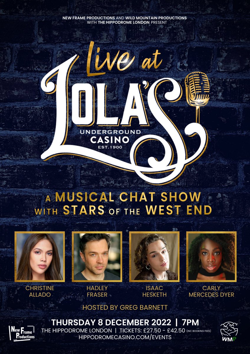 On sale NOW! 🎉
Live at Lola’s: A Musical Chat Show with Stars of the West End 8th December! 🎵
Host <a href="/_gregbarnett/">Greg Barnett</a> &amp; with guests  @christineallado  @hadleyfraser @Isaac_Hesketh @carlymdyer 
#liveatlolas #musicaltheatre #london #westend #theatre #chatshow #liveevents #livemusic