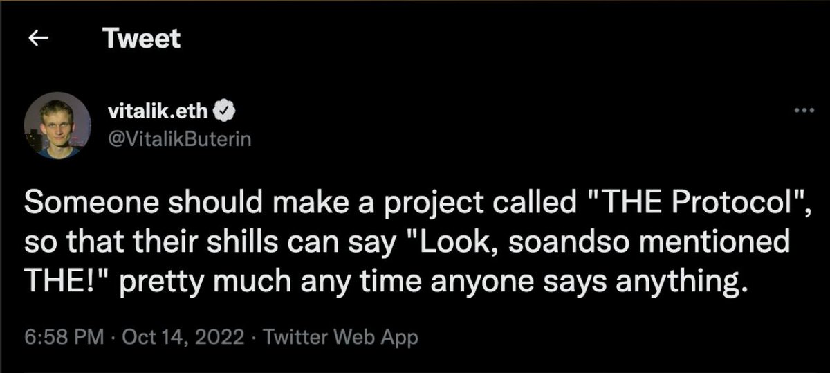 113344Meta's tweet photo. @the__quaalude @elonmusk @VitalikButerin @VitalikButerin says that "someone should make a project called "THE Protocol". 

@elonmusk says "The early".

What are you waiting for?

$THE @THEProtocolERC https://t.co/fsKNRqy1RF