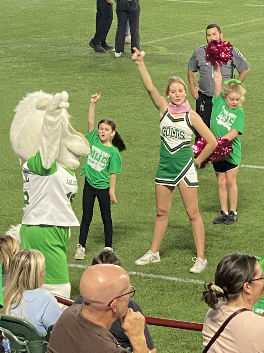 coachsenato29's tweet photo. One of my granddaughters went to a cheerleading camp a couple of weeks ago. Tonight, she got to cheer on the field during the @ahscoltfootball game at @choctawstadium 
She even got to be on the top of the pyramid. She’s always been a daredevil! 😂😂😂 https://t.co/9YTyEvs6w2