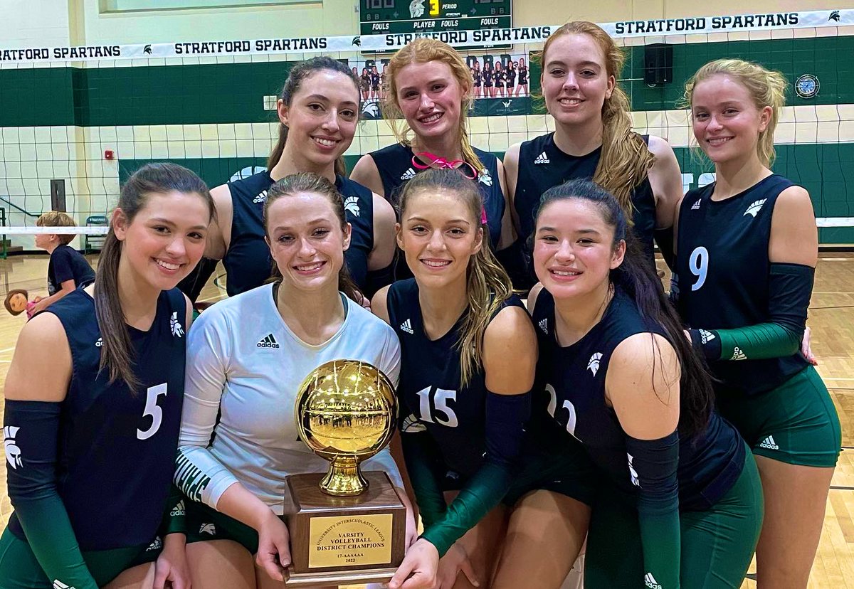 StratfordVball's tweet photo. All smiles on Senior Night. 

The gold ball finally made her way back to Stratford America &amp; we couldn’t be more excited!

Congratulations to each player for earning this district trophy. We’re proud of the work you put in to achieve your goals!

@77079Athletics @StratfordSBISD https://t.co/sa94Ht9M4Z