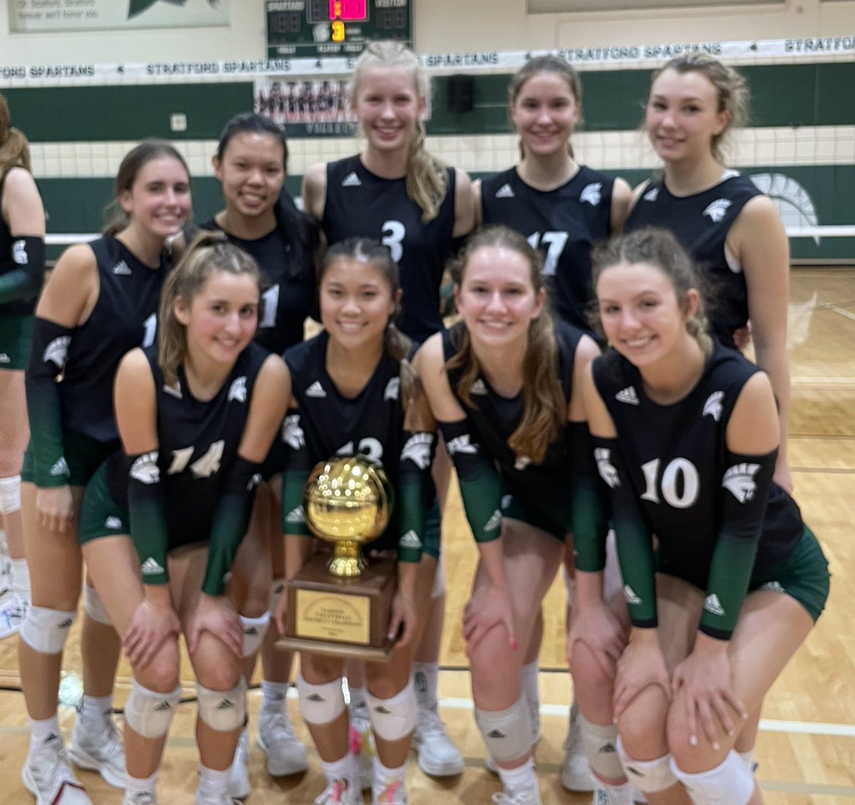 StratfordVball's tweet photo. All smiles on Senior Night. 

The gold ball finally made her way back to Stratford America &amp; we couldn’t be more excited!

Congratulations to each player for earning this district trophy. We’re proud of the work you put in to achieve your goals!

@77079Athletics @StratfordSBISD https://t.co/sa94Ht9M4Z