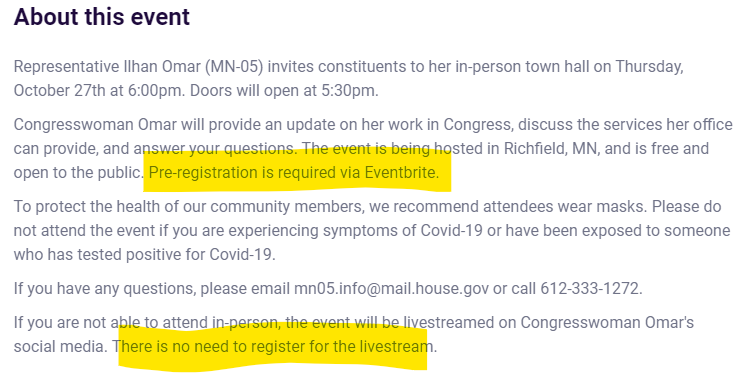 CrimeWatchMpls's tweet photo. .
#MNCD5 Rep @Ilhan Omar requires registration to attend her upcoming townhall.
Why? Why is registration required?
Are people denied entry if they don't register?
Is this normal for other reps and townhalls?
No registration for livestream, where they can block comments.
. https://t.co/TtfFKm2QyT