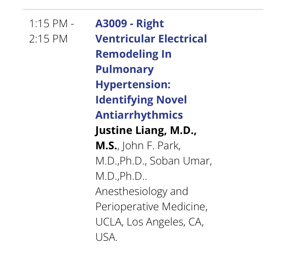 Soban Umar, MD, PhD, FAHA, ATSF 🫁🫀 (@sobanumar) on Twitter photo Dear #ANES22 attendees:
Please support Justine Liang MD MS, CA-2 resident from <a href="/UCLAAnes/">UCLA Anesthesiology</a> and our lab member who will be giving an oral presentation on Monday OCT 24 👇
RV Electrical Remodeling in PH: Identifying Novel Antiarrhythmics
<a href="/FAERanesthesia/">FAER</a> <a href="/ASALifeline/">ASA®</a> <a href="/JohnFPark/">John Park, MD PhD</a> Dear #ANES22 attendees:
Please support Justine Liang MD MS, CA-2 resident from <a href="/UCLAAnes/">UCLA Anesthesiology</a> and our lab member who will be giving an oral presentation on Monday OCT 24 👇
RV Electrical Remodeling in PH: Identifying Novel Antiarrhythmics
<a href="/FAERanesthesia/">FAER</a> <a href="/ASALifeline/">ASA®</a> <a href="/JohnFPark/">John Park, MD PhD</a>