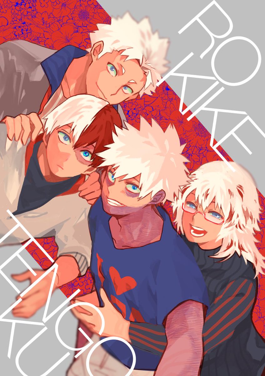 todoroki shouto multiple boys white hair burn scar blue eyes glasses smile two-tone hair  illustration images