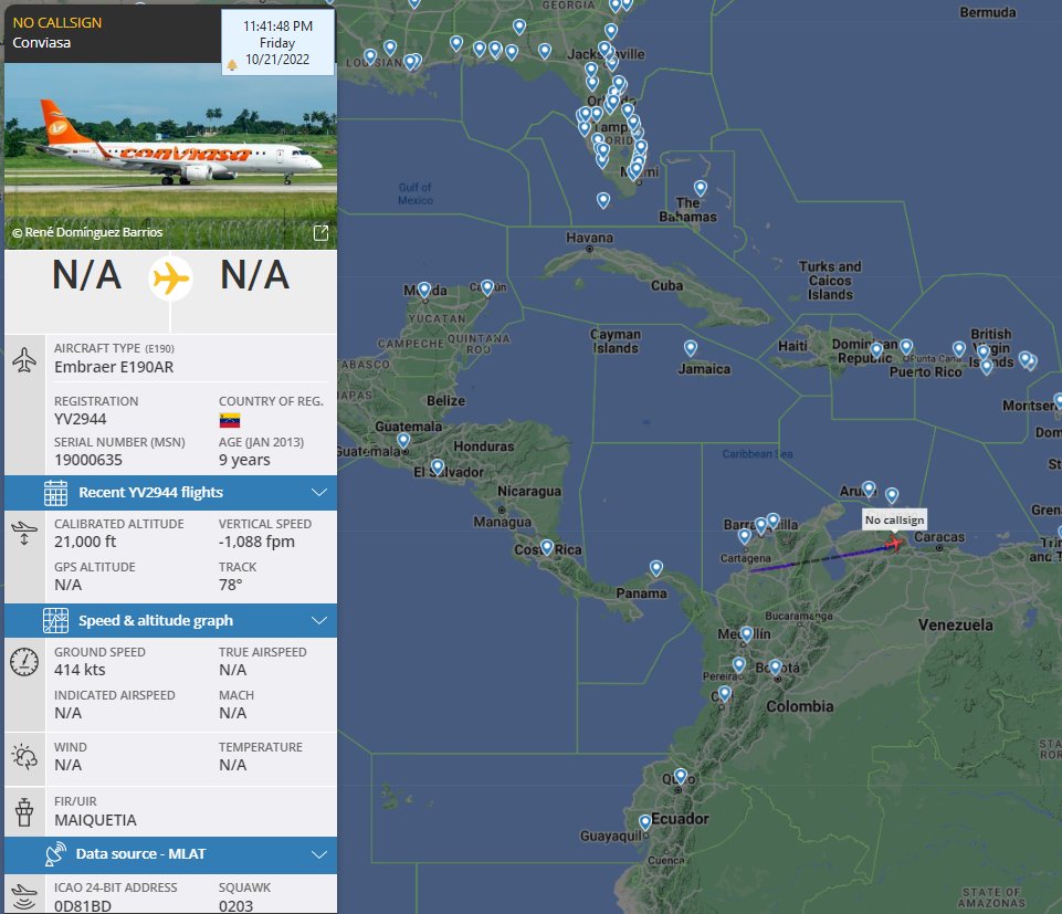 FlconEYES's tweet photo. El fantasma de #CONVIASA
Sancionado de la #OFAC
Ultima ruta retornaba de #Cuba
Ahora en la noche, con presunto retorno desde #Nicaragua. 

#YV2944 Embraer E190AR 0D81BD
#PlaneAlert #AvGeek #ADSB #Aviation #OSINT #21Oct https://t.co/ldx59n8UEs