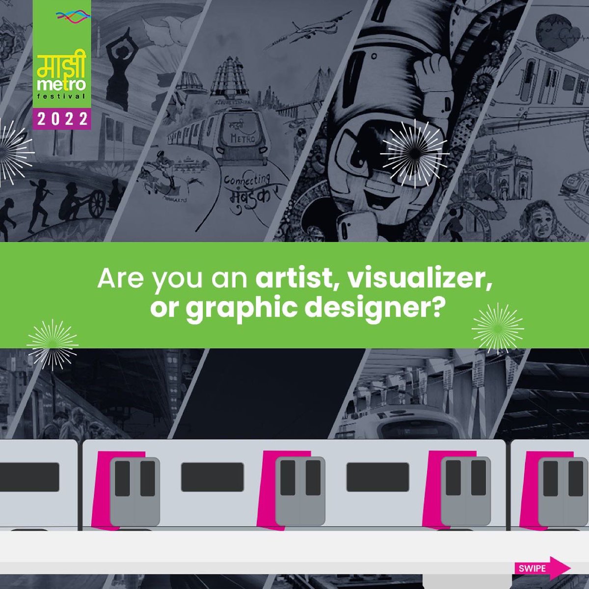 MumbaiMetro01's tweet photo. Majhi Metro 2022 is here to fuel your inner passion. It's time to inspire and lead the way by entering the contest today.
https://t.co/3KIVw0V6gD
#MajhiMetro #MajhiMetroFestival #contest #graphicdesigner #majhimetro2022 #artisrt #visualizer #registernow #waitisover #mumbaimetro https://t.co/zlNU6xLEx7