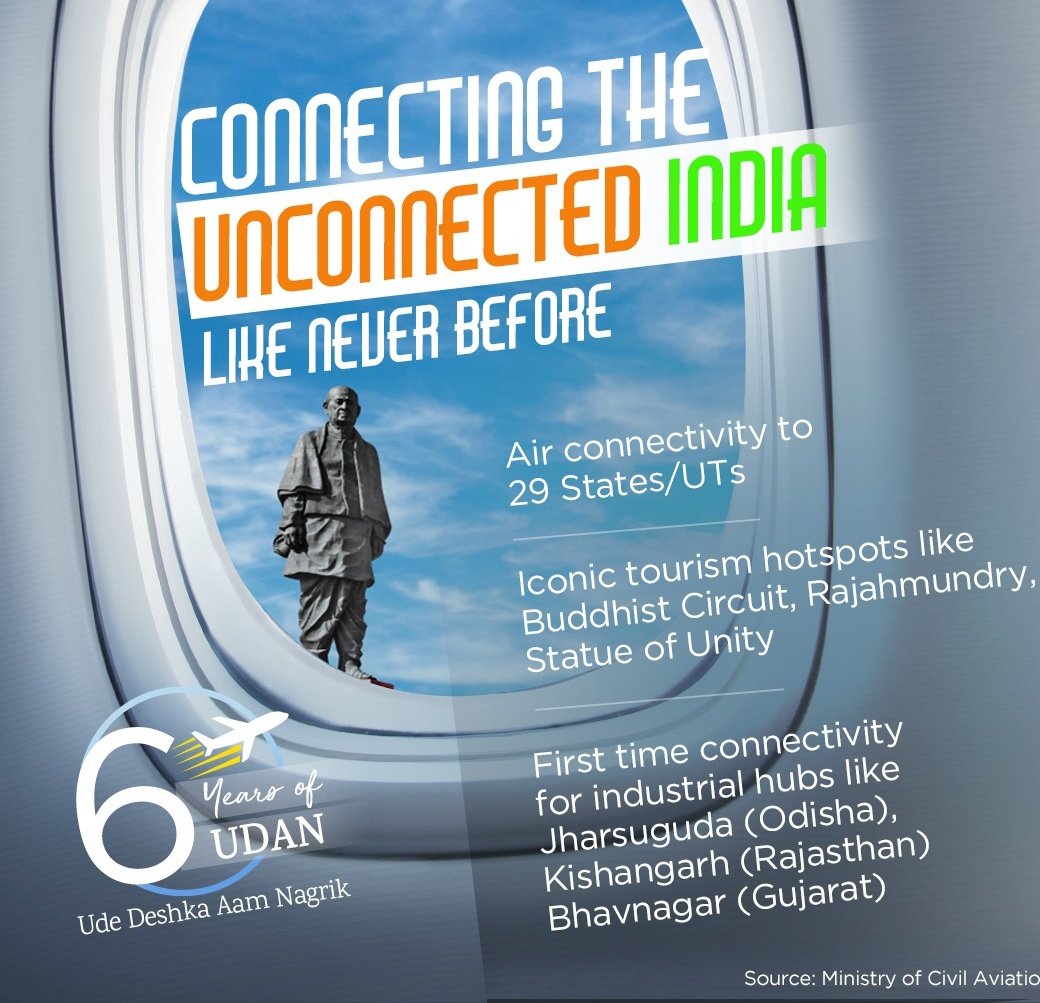 vineetah's tweet photo. Today on #UDANDiwas, let's look at how the UDAN(Ude Desh Ka Aam Nagrik) scheme is connecting the unconnected and giving wings to the common man's aspirations. #6YearsOfUDAN https://t.co/5kW3ijFjmH