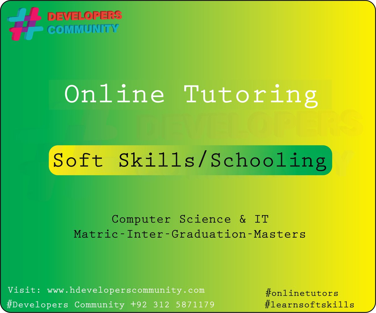 Hashcommuity11's tweet image. Online Tutor
Soft Skills & Schooling
Learn Research & Development related to Computer Science & IT
Contact for more details:
+92 312 58 71179
(SMS, Call or Whatsapp)
#learnsoftskills
#csprojects
#trends
#designing
#development
#onlinetutoring
🌎International
#softskills