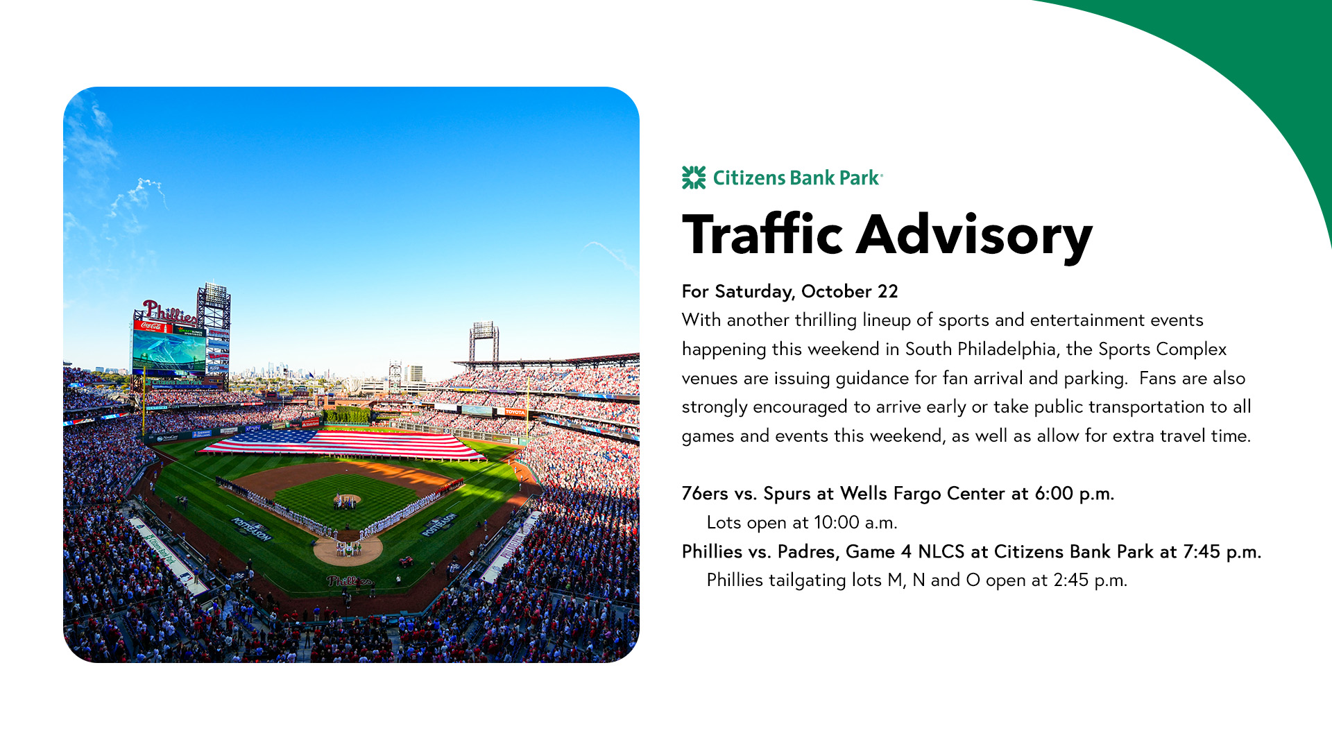 Citizens Bank Park Traffic Advisory For Saturday October 22 Fans Are Strongly Encouraged To Arrive Early Or Take Public Transportation To All Games And Events This Weekend As Well