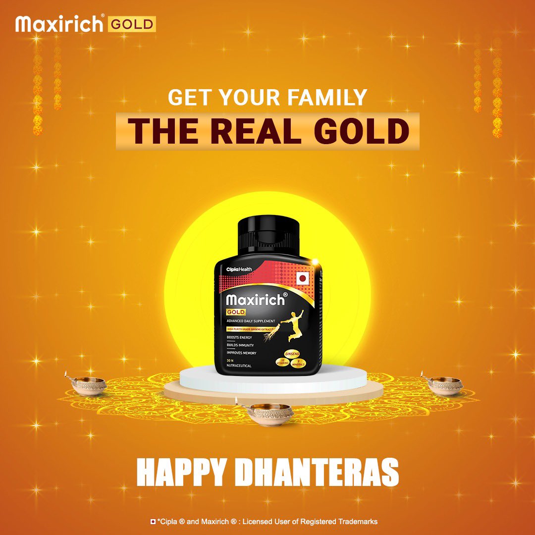 maxirich_in's tweet photo. Bring home the real Gold of  #MaxEnergyMaxImmunity. ​
With 10 vitamins, 9 minerals &amp; ginseng extract makes #MaxirichGold a festive essential. ​
#Maxirich wishes you a prosperous and Happy Dhanteras.​
https://t.co/djeivJGMP6​

#Dhanteras #Diwali #DIwali2022 #immunity #CiplaHealth https://t.co/6LmK0eKUgd