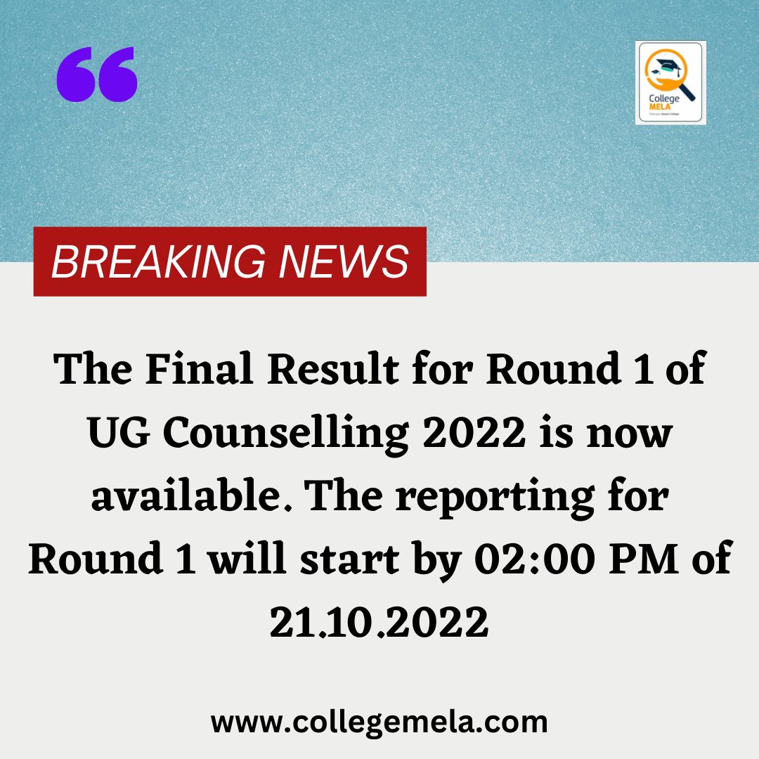 collegemela's tweet photo. The Final Result for Round 1 of UG Counselling 2022 is now available. The reporting for Round 1 will start by 02:00 PM of 21.10.2022
stay tuned for more upcoming updates 
#round1ugcounseling2022 #Finalresultugcounseling #neetug2022 #neet2022 #neetcounseling #collegemela https://t.co/H79NdyXEY8