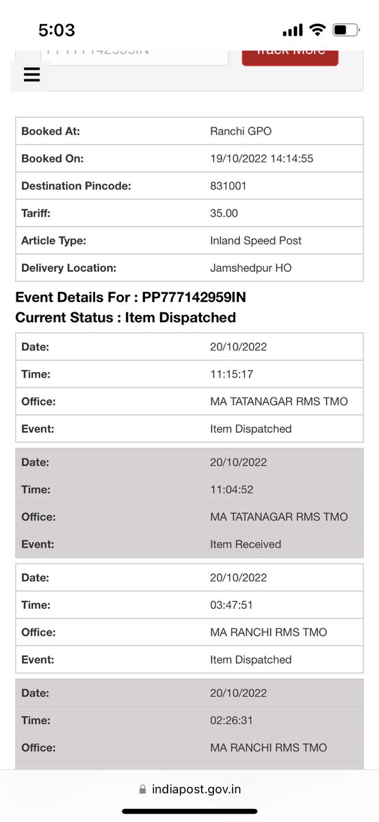 KallolMahato's tweet photo. @IndiaPostOffice Why there is no update after 20th of October? My tracking id PP777142959IN https://t.co/cmVRZ2xFYL