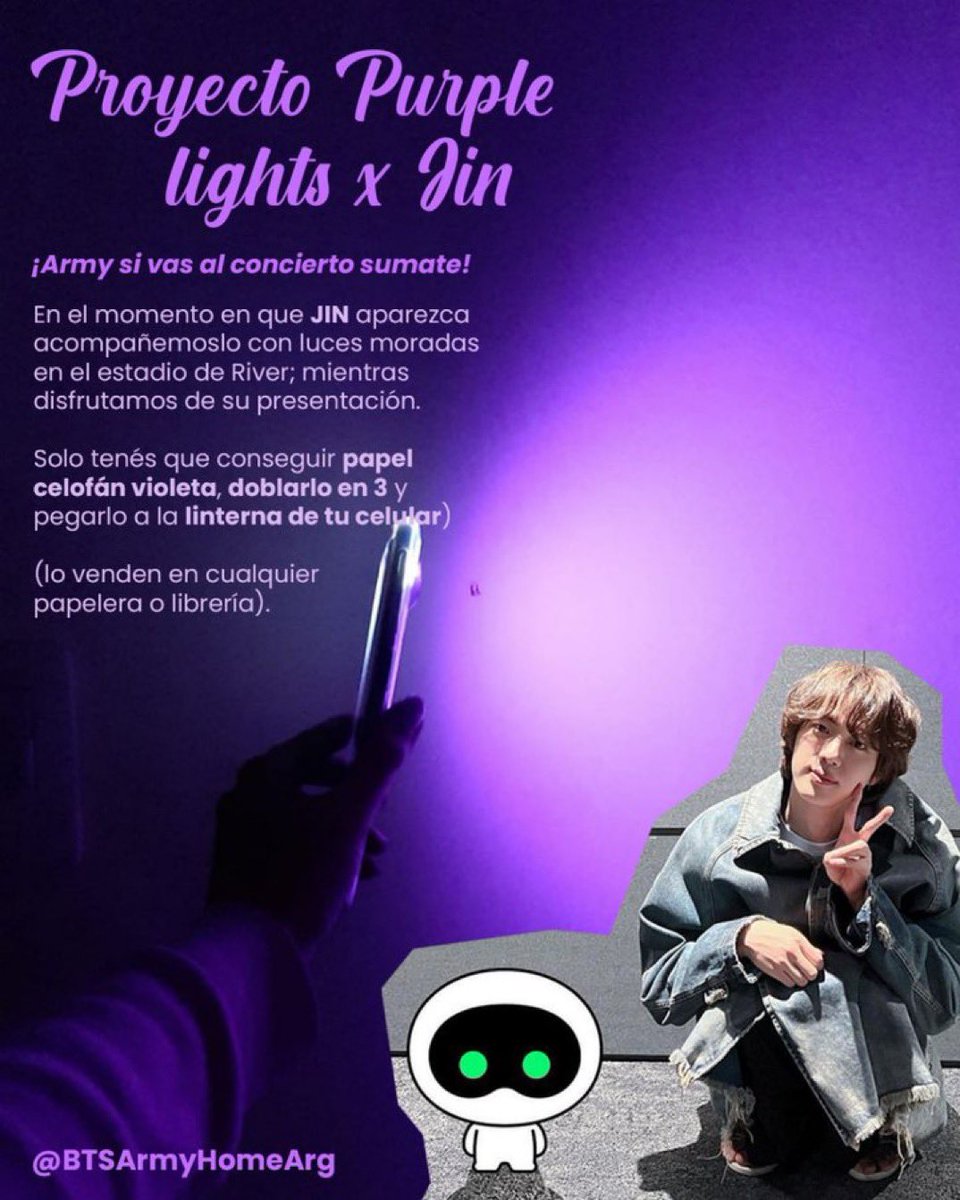 Argentina ARMY’s planning a project #PurpleLightsxJin in which as soon as #JIN appears on the stage, they will shine purple lights at the River stadium during his performance, using violet cellophane paper on their cellphones💜 #TheAstronaut #JinXColdplay @BTS_twt #BTSARMY