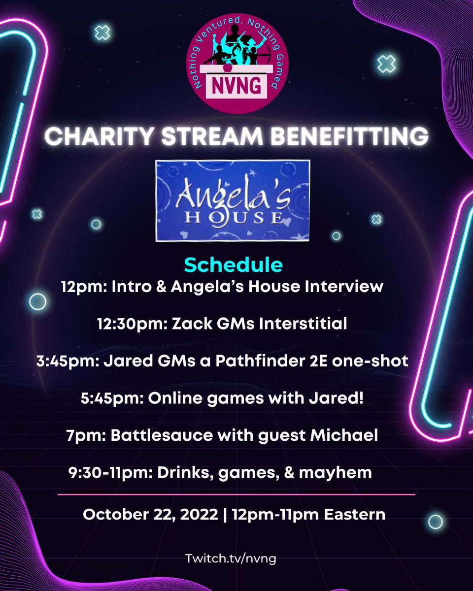 NVNGpodcast's tweet photo. Our charity stream schedule!! All times are ET (New York) time. See you in a few hours @angelashouseli @thisisbattlesauce 

Watch live at 11am at https://t.co/WiSQf1LGm2 

#ttrpgcommunity #dnd #pathfinder @paizo @dieharddice @Wizards_DnD @CriticalRole @dimension20show https://t.co/fEs3DSgB0m