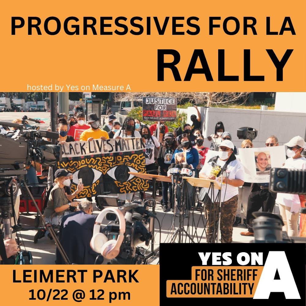 Come to Leimert Park tomorrow at noon to see progressive candidates and leaders from across the city like @EunissesH, @kennethmejiaLA, and us support Measure A! Measure A creates Sheriff’s Dept. accountability by allowing for them to be removed if they violate the public trust