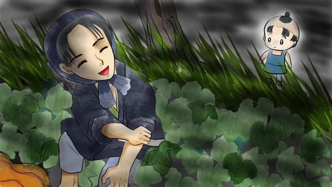 福娘童話集昔話「お月さまが見ているよ」とかぼちゃの葉ブラシ作成イラストACさん素材「すごくつらい時」#福娘童話集 #昔話 #イラストAC 