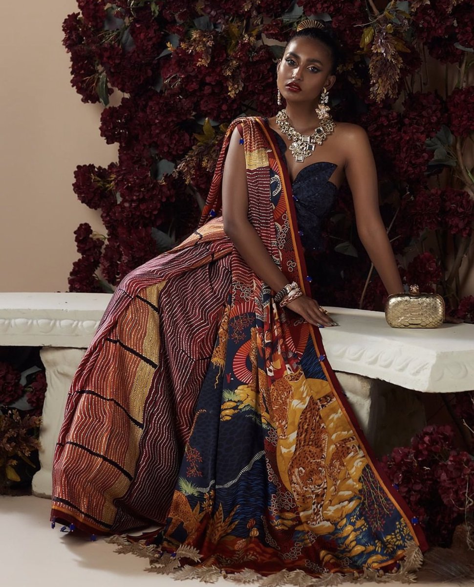 Élan’s exclusive unstitched saari collection, ‘Amahle’ takes inspiration from indigenous African art.

With every glance, you're sure to take in another detail of the exuberantly painted wildlife melded with modern glamour. This collector’s edition collection is art in itself!