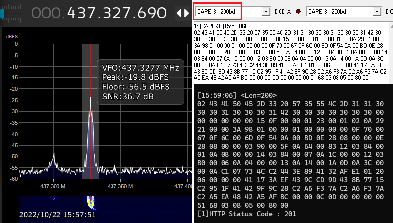 Ja3Tdw's tweet photo. #CAPE3 437.325MHz 1k2 AFSK 06:32 UTC pass over Kyoto Japan. Just one frame uploaded to @SatNOGS https://t.co/fDjiEI5QMZ