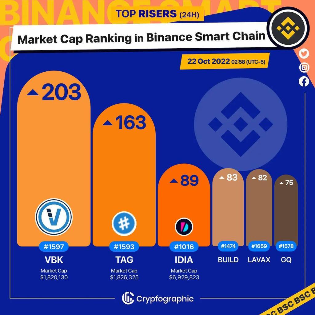 Web3Charts's tweet image. 1. #VeriBlock $vbk 
2. #TagProtocol $tag 
3. #ImpossibleFinanceLaunchpad $idia 
4. #BUILD $build 
5. #LavaXLabs $lavax 
6. #GalacticQuadrant $gq 

#BSC
#CrypfographicsBSCRankRiser