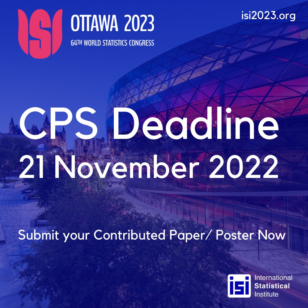 Plan your contributed talk or poster for #isiwsc2023 in #Ottawa. Only 1 month to go! Make sure you don't miss our CPS deadline: 21 November: isi2023.org/conferences/ot… @IntStat <a href="/IAOS_Stat/">International Association for Official Statistics</a> <a href="/BernoulliSoc/">Bernoulli Society</a> <a href="/iase_isi/">IASE</a> <a href="/iasc_isi/">iasc</a> <a href="/iass_isi/">IASS</a> <a href="/ISBIS_isi/">ISBIS_isi</a> <a href="/TIES_isi/">TIES_isi</a> <a href="/TYS_ISI/">The Young Statisticians - ISI</a> <a href="/StatisticsViews/">Stats & Data Science Views</a>
