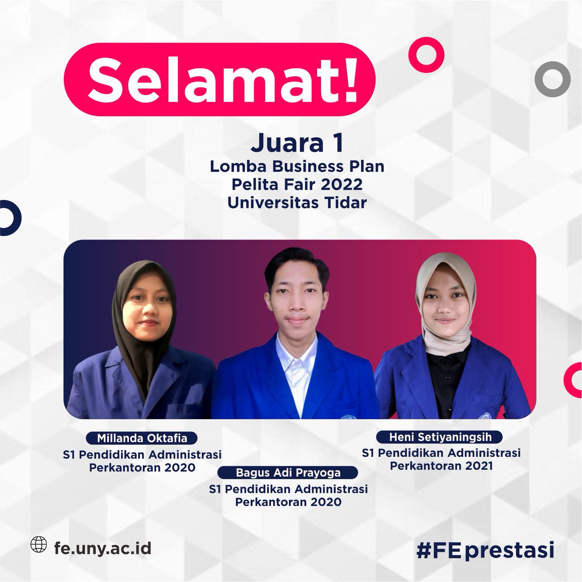 febunyofficial's tweet photo. Bagus Adi Prayoga (mahasiswa Prodi S1 Pendidikan Administrasi Perkantoran 2020) beserta Millanda Oktafia (S1 Pend. Adm. Perkantoran 2020) dan Heni Setiyaningsih (S1 Pend. Adm. Perkantoran 2021) meraih Juara 1 Lomba Business Plan Pelita Fair 2022.
#FEprestasi #FEbright #FEUNY https://t.co/3aEan1Afyc