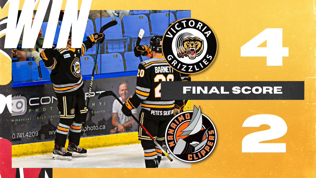 BCHLGrizzlies's tweet photo. The Victoria Grizzlies played a solid game and came back from being down 2-0 to win 4-2 over the @ClippersHockey.
Final shots 32-30 Grizzlies
The Grizzlies next home game is tomorrow at 7:00 pm vs @Chiefs_Hockey at the Q Centre.
#BCHL #BigRoadWin https://t.co/thPhvX5ACZ