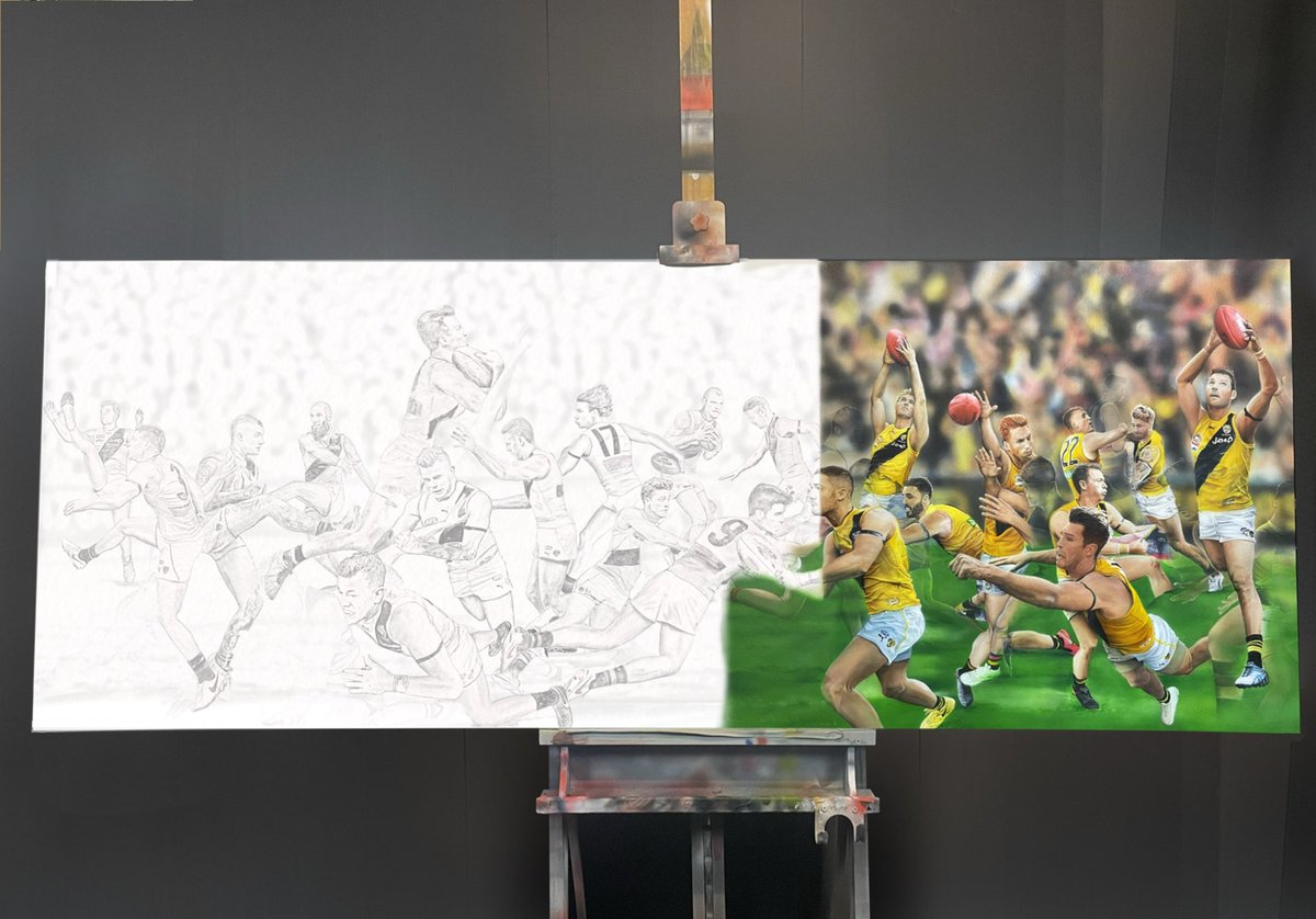 DamienDarroch's tweet photo. Time to share the progress of my latest painting with the twitterverse and all 14 of my followers! I dreamed this artwork almost 3 years ago. 22 moments in the 2017 grand final tells the story of the @Richmond_FC premiership“Tiger Time” will be finished in 4 weeks #aflgrandfinal https://t.co/93JYW82YWX