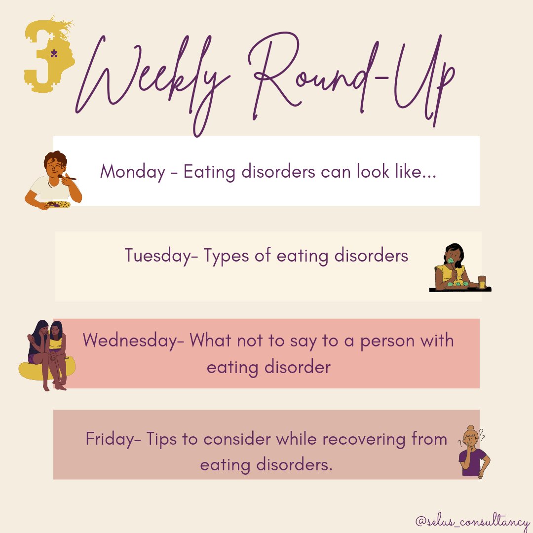 selusconsultant's tweet photo. Here is a rundown of all the topics we covered this week. We hope you got to learn more about eating disorders.
Like, share and comment.
Happy Saturday!!
#selus #workandthrive #mentalhealth
#MentalHealthAwareness #MentalHealthMatters #eatingdisorderssupport #selfcare #saturday https://t.co/8Osef9sZAA