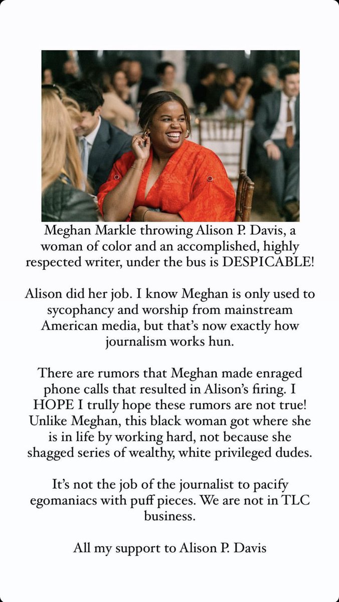 Mariama80175680's tweet photo. How can #AlisonPDavis go on vacation after working with meagain and then another extended vacation?  #MeghanMarkleisaRacist is trying to throw a woman of color under the bus for words she said? This is sad, she is never wrong in her little bubble head. #MeghanMarkleExposed https://t.co/X2eJxJuHYW