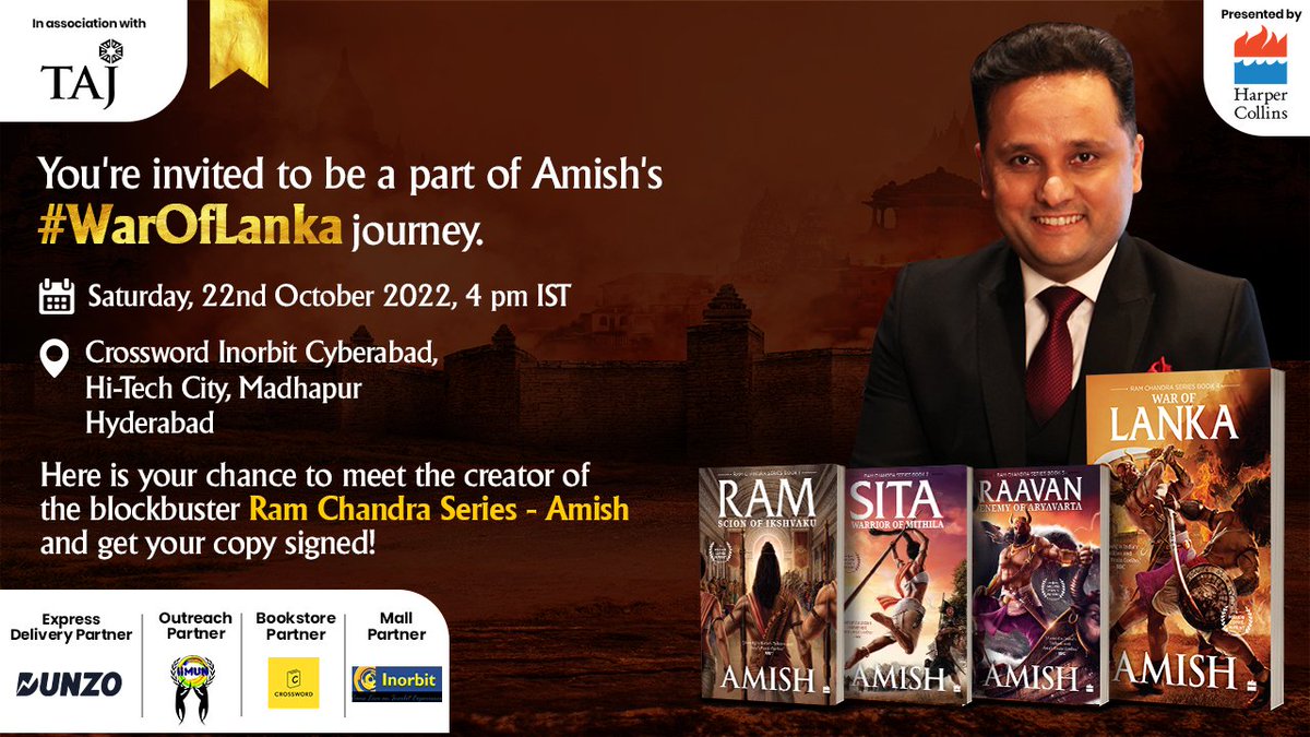 Hello Hyderabad! I will be visiting the city today. You can find me at @centralbookshop , @crosswordbookstore , @Himalayabookworld 
 
Hope to see you there! Details in the attached pics.

#WarOfLanka #RamChandraSeries 
@HarperCollinsIN @iimunofficial